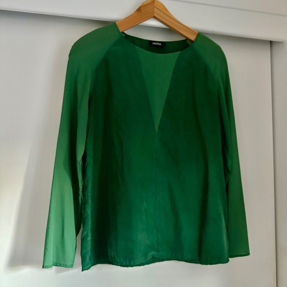 Kate Spade Saturday Emerald Green‎ Silk Long Sleeve V Neck Blouse Top Womens S